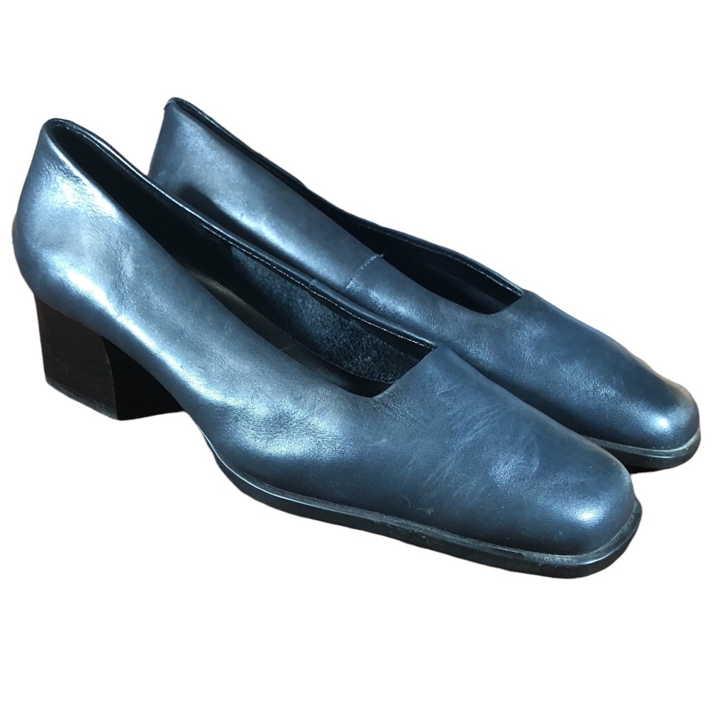 Aerosoles 7.5 Blue Heels Modest Chunky Leather Square Toe Workwear Loafer Career